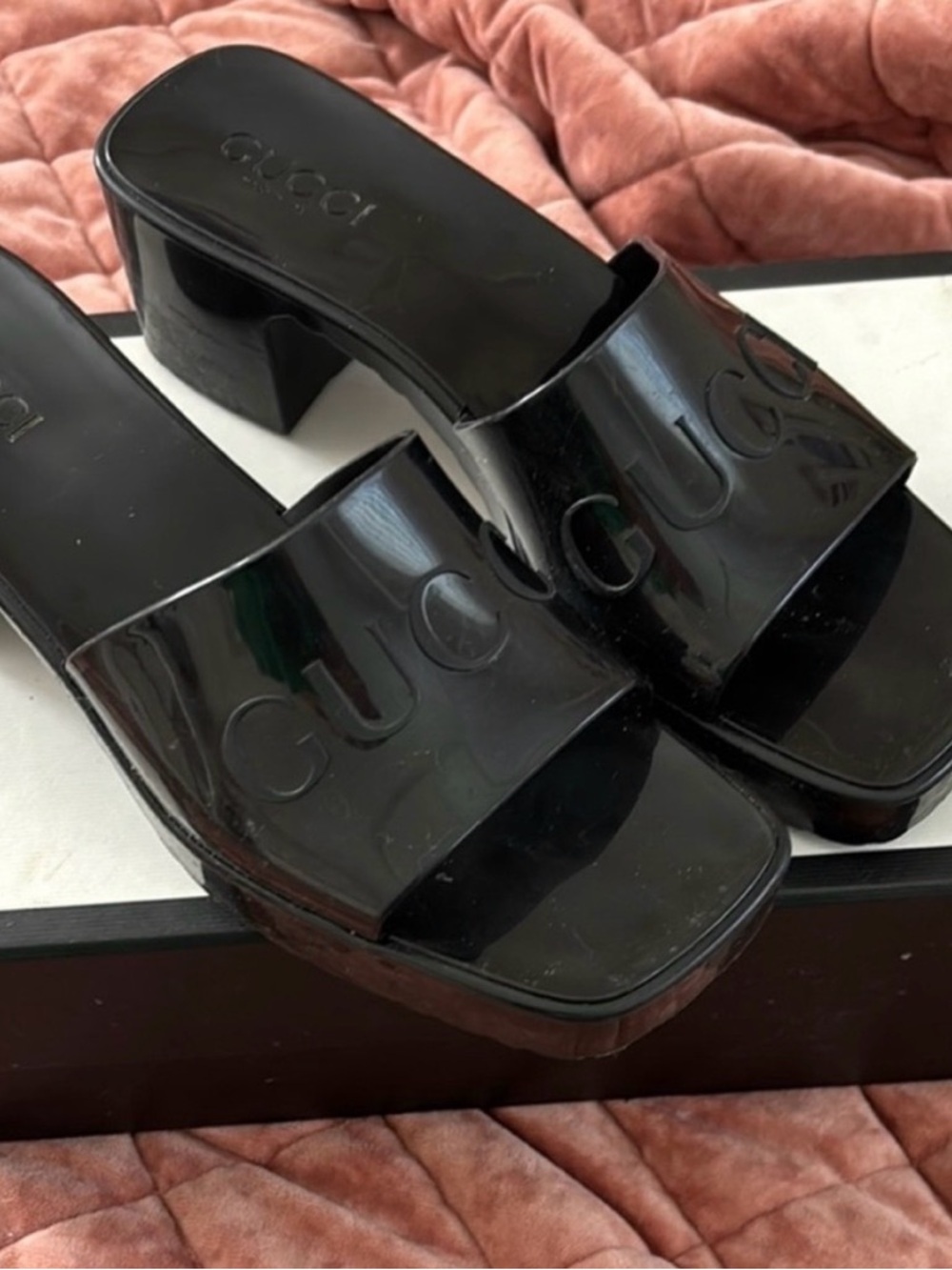 Gucci Black Patent Logo Slide Mules with Block Heel